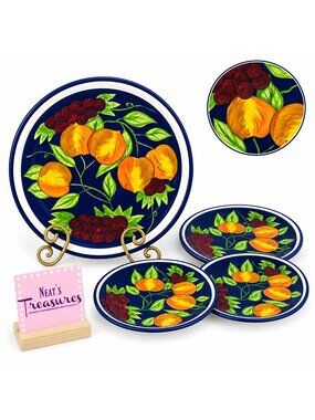Lillian Rose COBALT BLUE FRUIT Stoneware Colorful 3 Salad 1 Dinner Plate Set 4